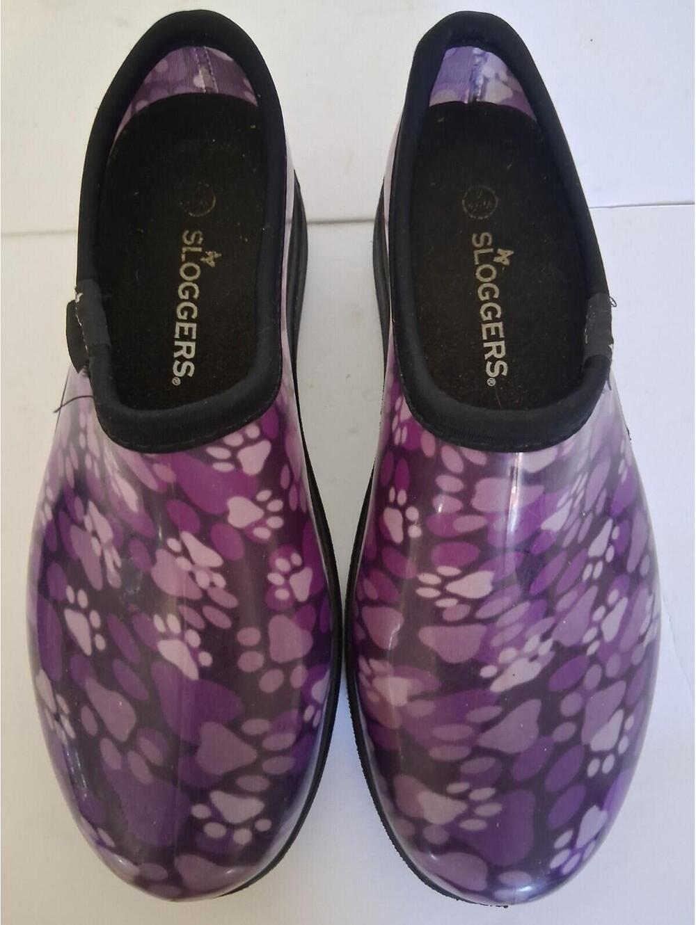 Sloggers Women’s Purple White Paw Print Rain Garden Shoes Size 8